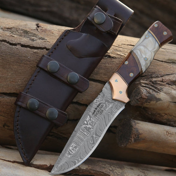 Reaper Damascus Hunting Knife with Mother of Pearl, Exotic Rose Wood and Copper Handle