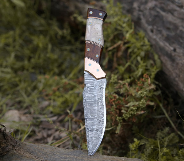 Reaper Damascus Hunting Knife with Mother of Pearl, Exotic Rose Wood and Copper Handle