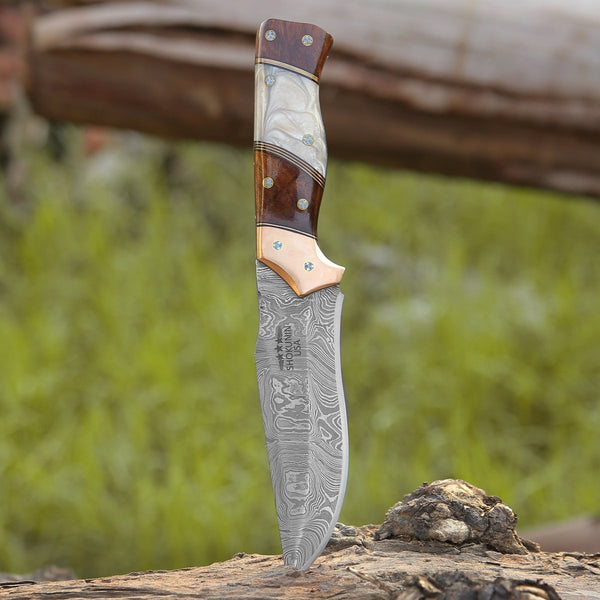 Reaper Damascus Hunting Knife with Mother of Pearl, Exotic Rose Wood and Copper Handle