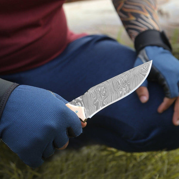 Reaper Damascus Hunting Knife with Mother of Pearl, Exotic Rose Wood and Copper Handle