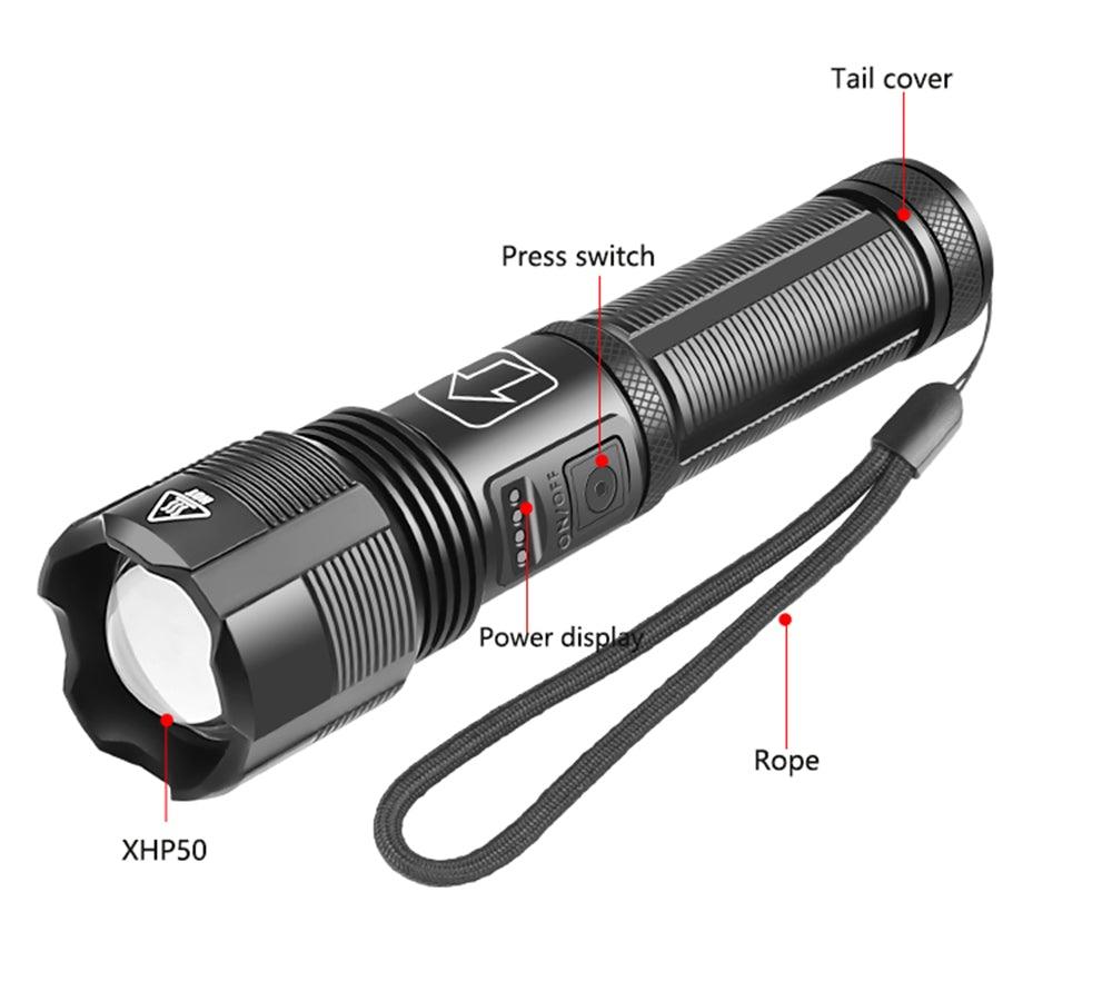 Rechargeable Adjustable Led Flashlights With High Lumen With Battery Display Super Bright Waterproof Flashlight  5 Lighting Modes For Adventure Hiking Camping Hunting New Design