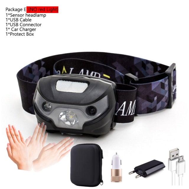 Rechargeable Adjustable LED USB Headlamp 10000Lm Powerfull Adjustable Waterproof Headlight Body Motion Sensor Head Flashlight For Outdoor Hiking Camping Torch Light Lamp