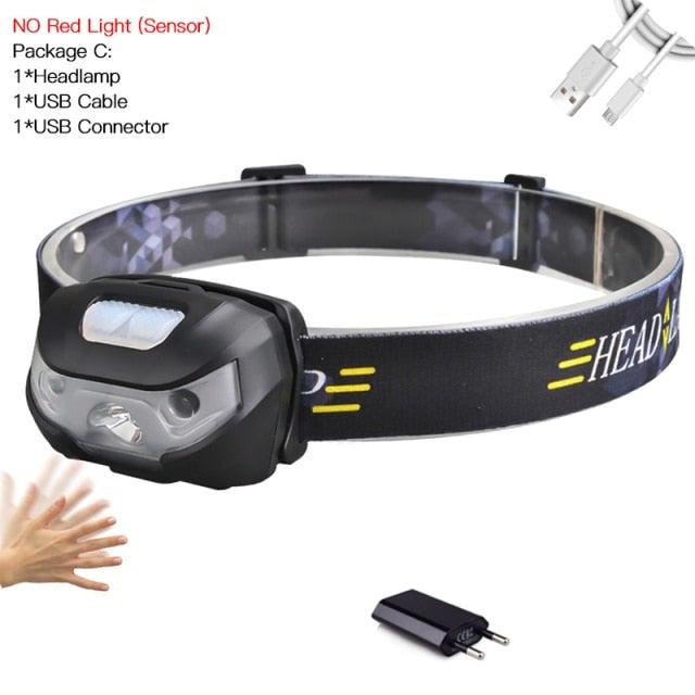 Rechargeable Adjustable  LED USB Headlight Powerfull Elastic High Lumens Headband Headlamp Motion Sensor Flashlight For Adults Kids Running Camping Hiking Camping