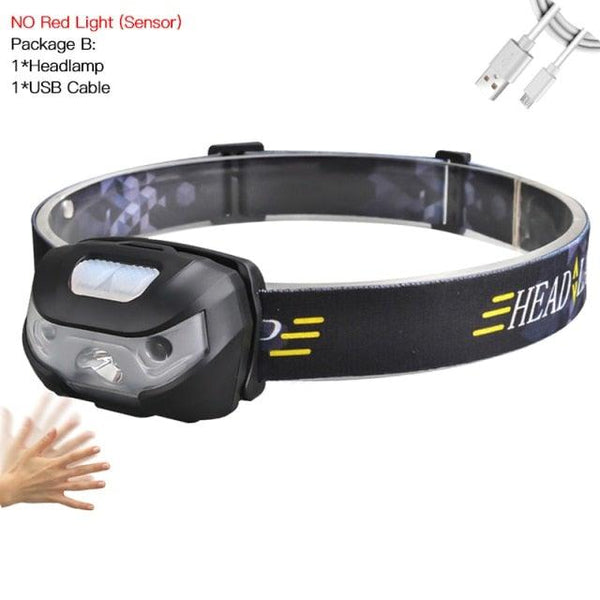 Rechargeable Adjustable  LED USB Headlight Powerfull Elastic High Lumens Headband Headlamp Motion Sensor Flashlight For Adults Kids Running Camping Hiking Camping