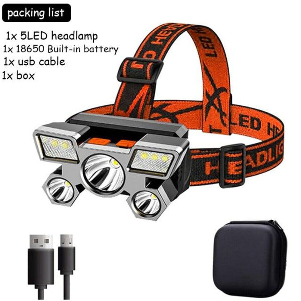 Rechargeable Adjustable  USB 5LED Headlamp with High Lumen Handsfree Waterproof Portable Ability Focusing Ring Headlight Flashlight  Torchlight For Outdoor  Camping Hiking Running Headlight