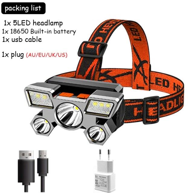 Rechargeable Adjustable  USB 5LED Headlamp with High Lumen Handsfree Waterproof Portable Ability Focusing Ring Headlight Flashlight  Torchlight For Outdoor  Camping Hiking Running Headlight