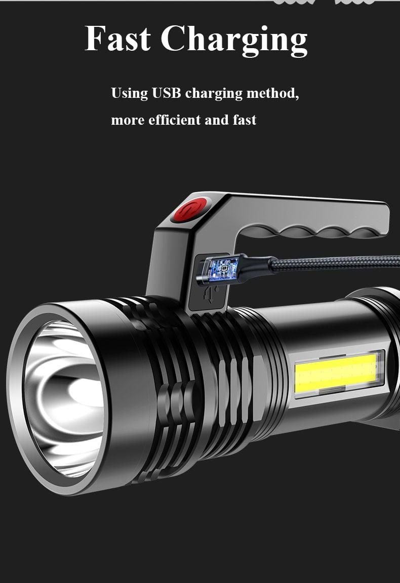 Rechargeable Handheld Flashlights Waterproof  3 Switch Mode Powerful High Lumens Spotlight Fashlight High Power Portable LED Waterproof Outdoor Long Lasting Spot Light Flashlight For Home & Outdoor Use