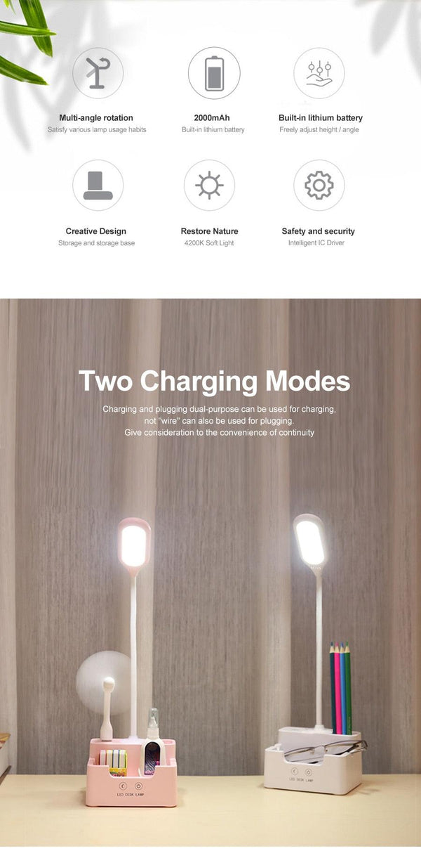 Rechargeable Led Table Lamp With Fan Touch Dimmable Desk Lamp Eye protection Reading Light For Kid With Phone Hoder Pen Holder Decorative Table Lamp Cute Study Lamps for Bedroom Décor