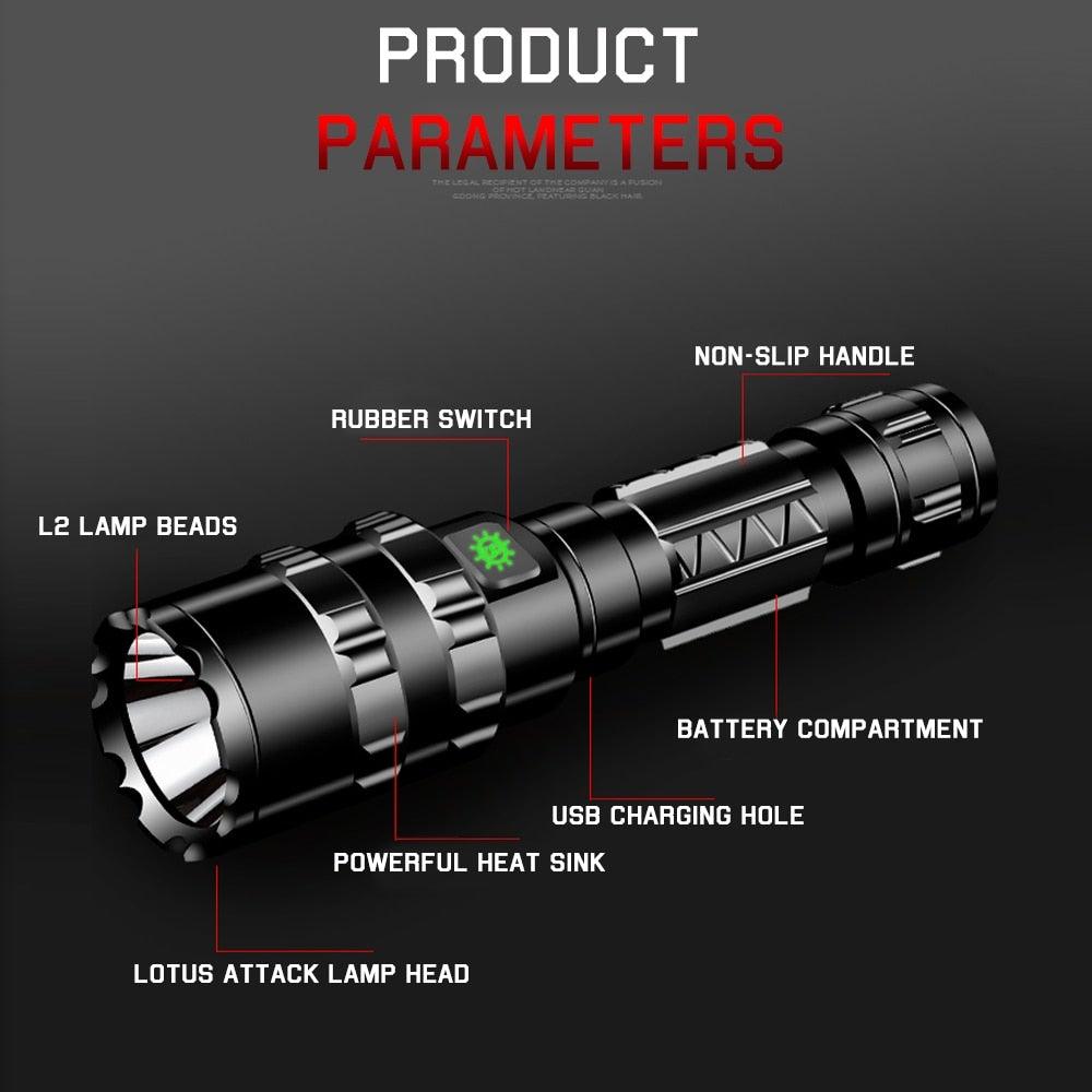 Rechargeable  LED Tactical Flashlights Waterproof Powerful High Lumen Super  Bright Power LED Aluminum Flashlight For Hiking Outdoor Camping Fishing Jogging Running HouseholdPowerful Light