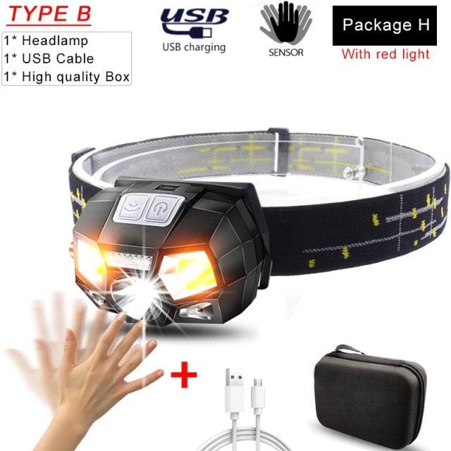 Rechargeable Powerful USB LED High Lumen Headlamp Ultra-Light Bright Headlight Waterproof Sensor Head Light  For Outdoors Camping Running Hiking Biking Fishing