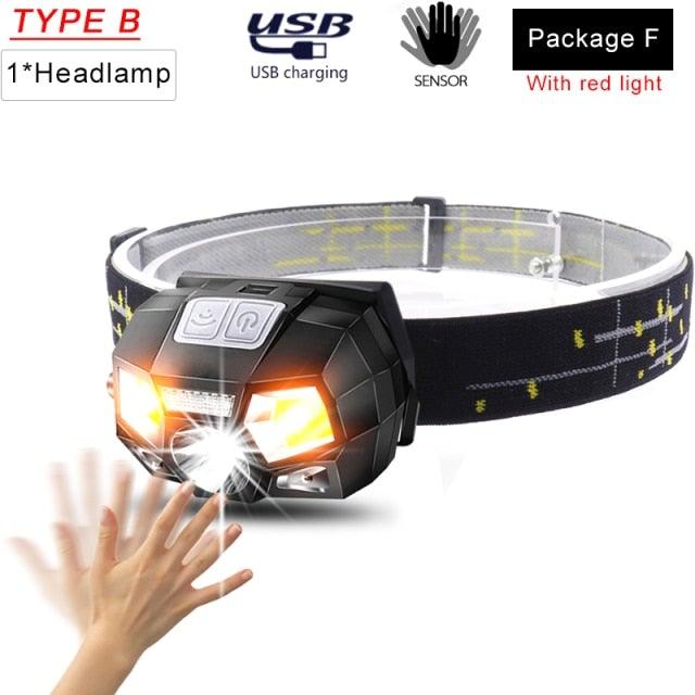 Rechargeable Powerful USB LED High Lumen Headlamp Ultra-Light Bright Headlight Waterproof Sensor Head Light  For Outdoors Camping Running Hiking Biking Fishing