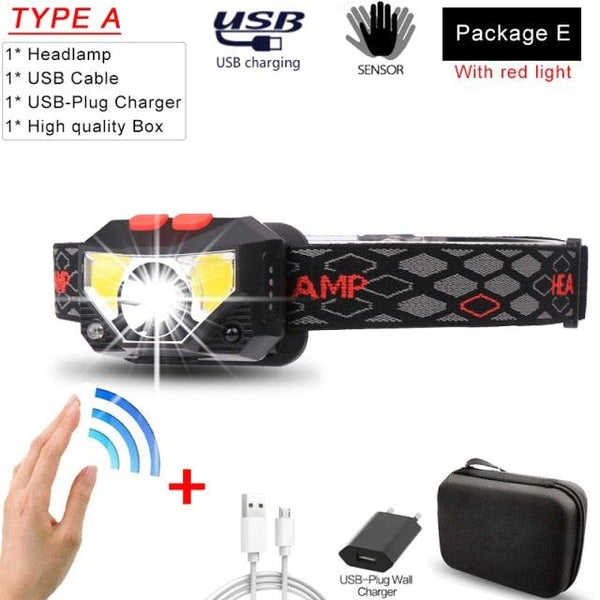 Rechargeable Powerful USB LED High Lumen Headlamp Ultra-Light Bright Headlight Waterproof Sensor Head Light  For Outdoors Camping Running Hiking Biking Fishing