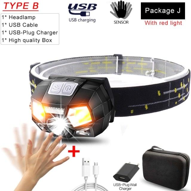 Rechargeable Powerful USB LED High Lumen Headlamp Ultra-Light Bright Headlight Waterproof Sensor Head Light  For Outdoors Camping Running Hiking Biking Fishing
