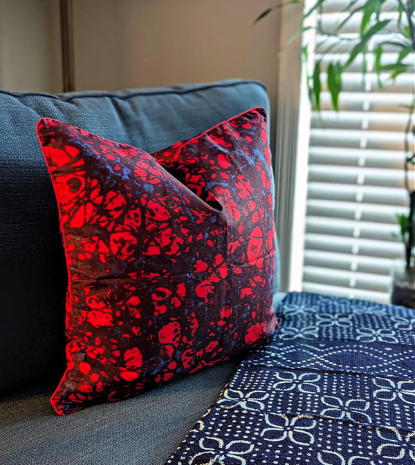 African Print Fabric Pillow Cover - Red Blue Marble