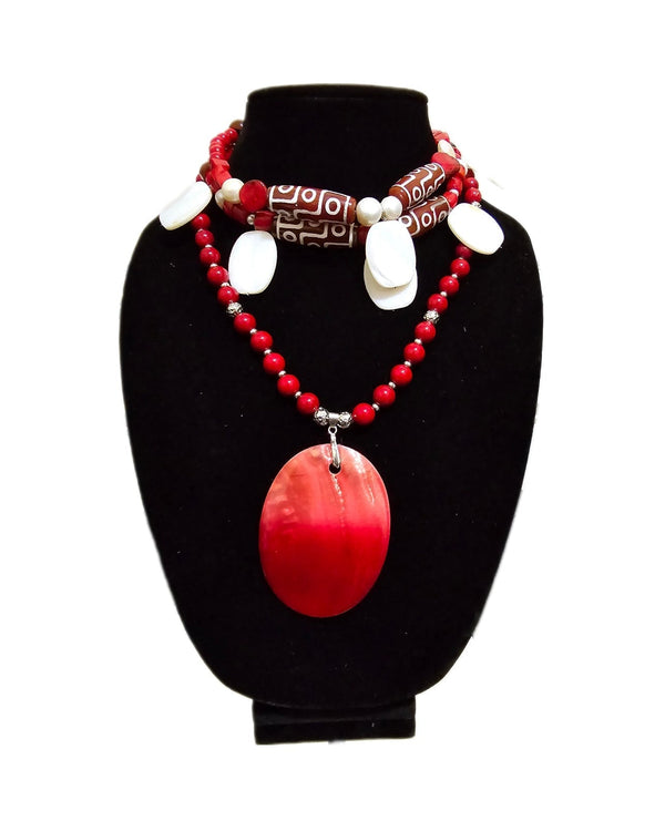 Red Coral and Shell Choker Necklace Set
