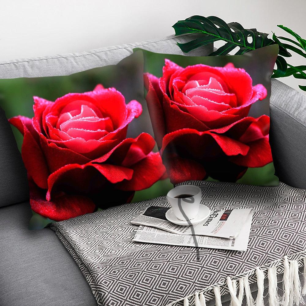 Red Flower Cushion Pillow Covers Love Pillow Covers Decorative Linen Square Couple Cushion Cases Home Decor Polyester Throw Pillow Case Super Soft Short Plush Cushion Cover Festive Home Decorative Cushions 45X45CM