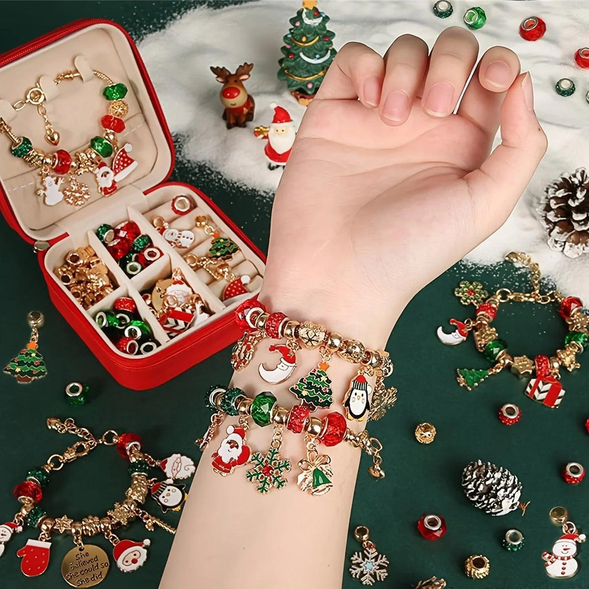 Red Green Bead Christmas Bracelet Making Kit with Charm Beads