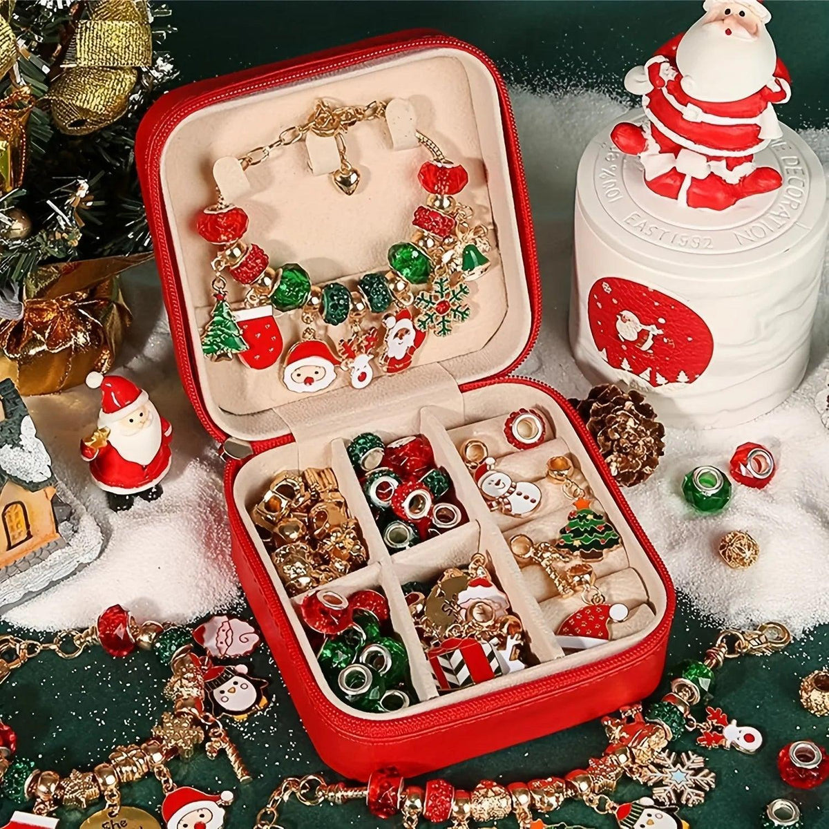 Red Green Bead Christmas Bracelet Making Kit with Charm Beads