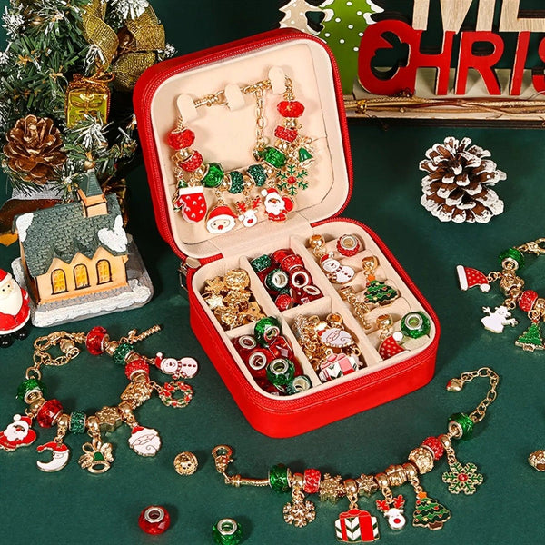 Red Green Bead Christmas Bracelet Making Kit with Charm Beads