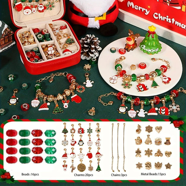 Red Green Bead Christmas Bracelet Making Kit with Charm Beads