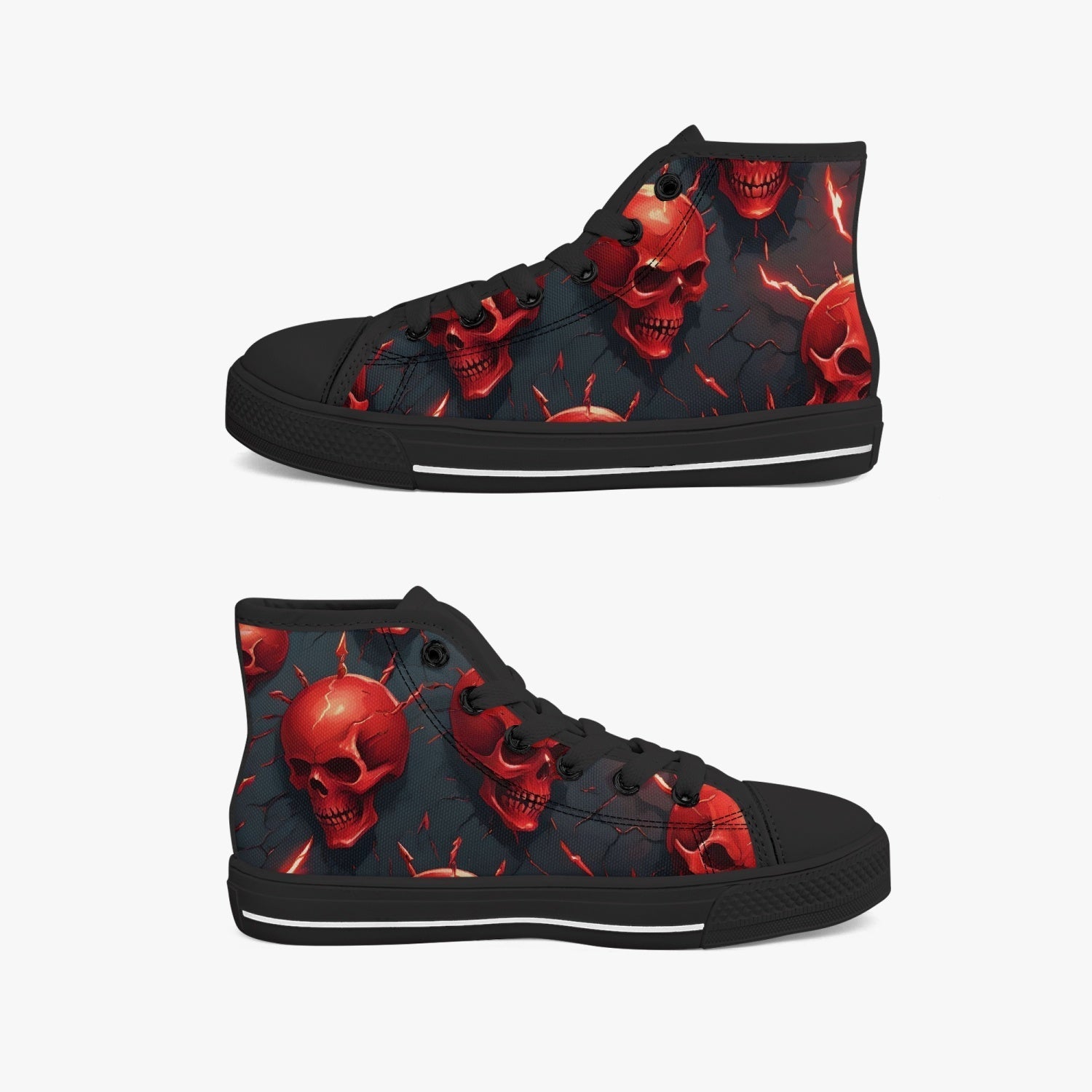 Black high-top sneakers with red skull design on a white background