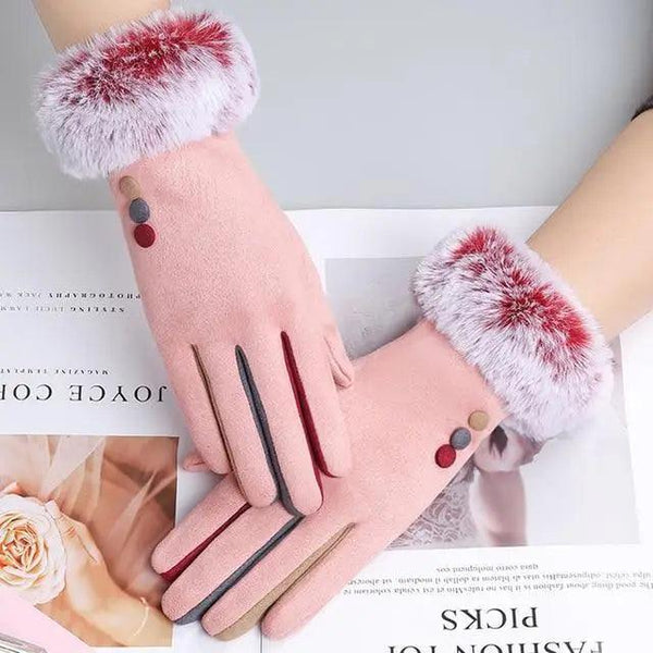 Red Winter Warm One Size Touch Screen Glove Female Fur Thick Driving Comfortable Gloves For Autumn