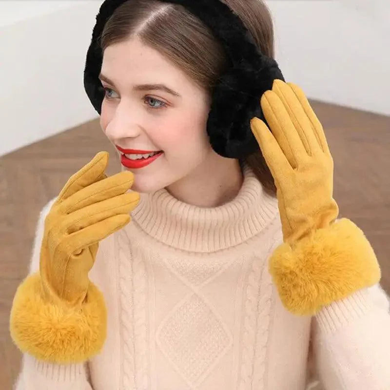 Red Winter Warm One Size Touch Screen Glove Female Fur Thick Driving Comfortable Gloves For Autumn