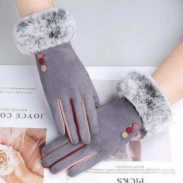 Red Winter Warm One Size Touch Screen Glove Female Fur Thick Driving Comfortable Gloves For Autumn