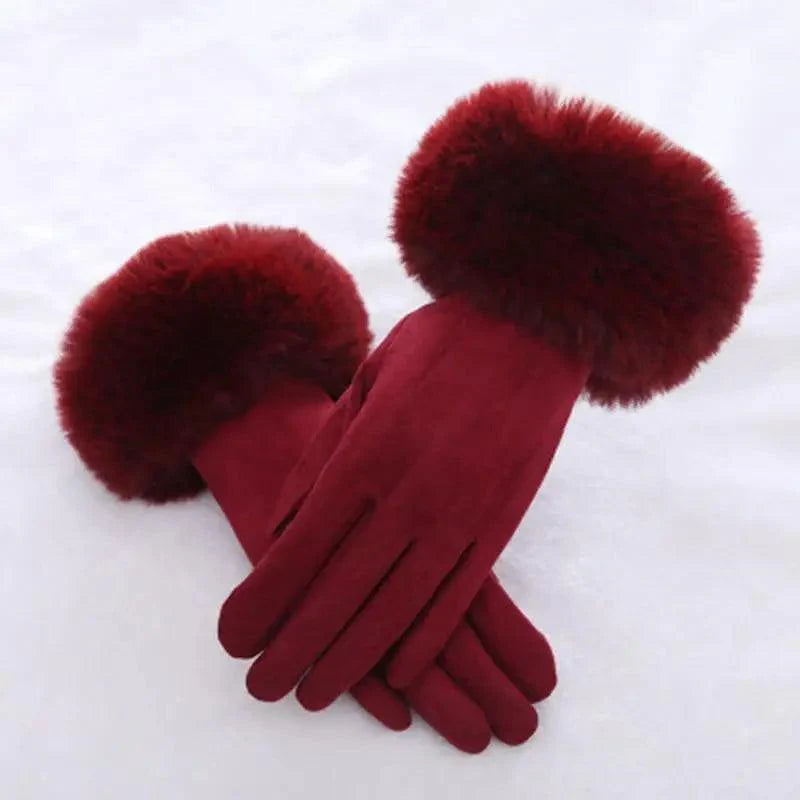Red Winter Warm One Size Touch Screen Glove Female Fur Thick Driving Comfortable Gloves For Autumn
