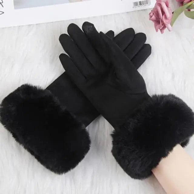 Red Winter Warm One Size Touch Screen Glove Female Fur Thick Driving Comfortable Gloves For Autumn
