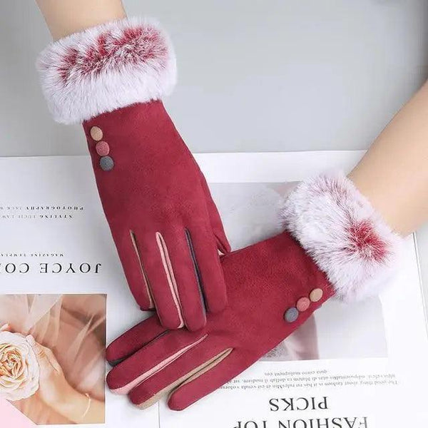 Red Winter Warm One Size Touch Screen Glove Female Fur Thick Driving Comfortable Gloves For Autumn