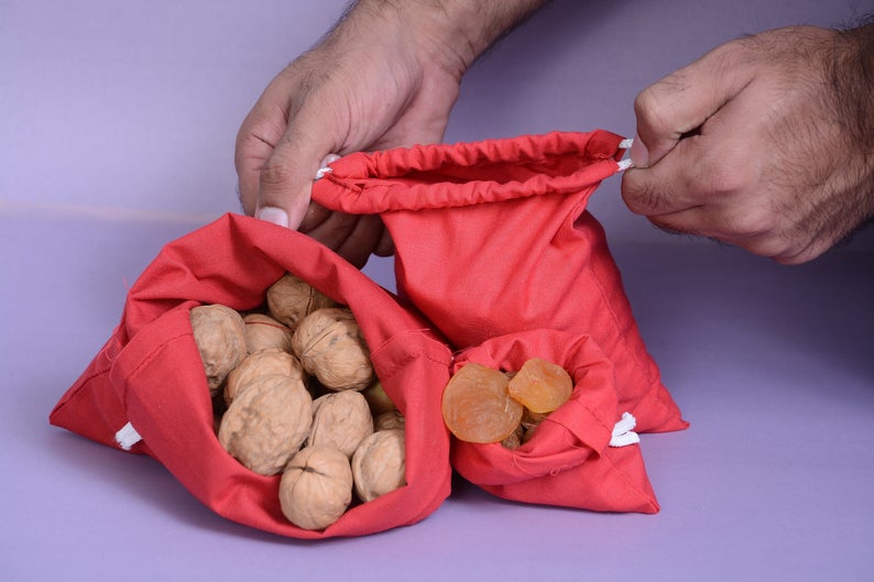 5x7 Inches Reusable Eco-Friendly Cotton Double Drawstring Bags Red Color
