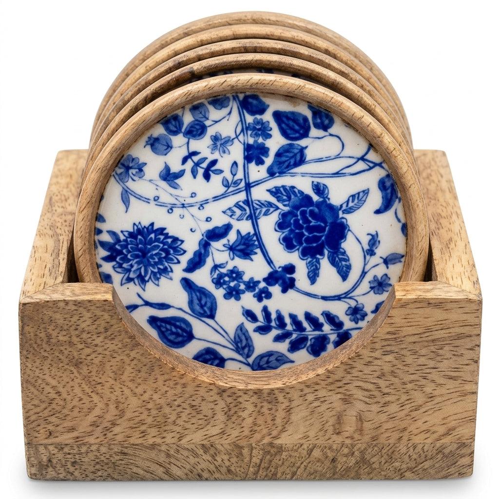 House of Avana Mango Wood Coaster Set of 5 with Holder