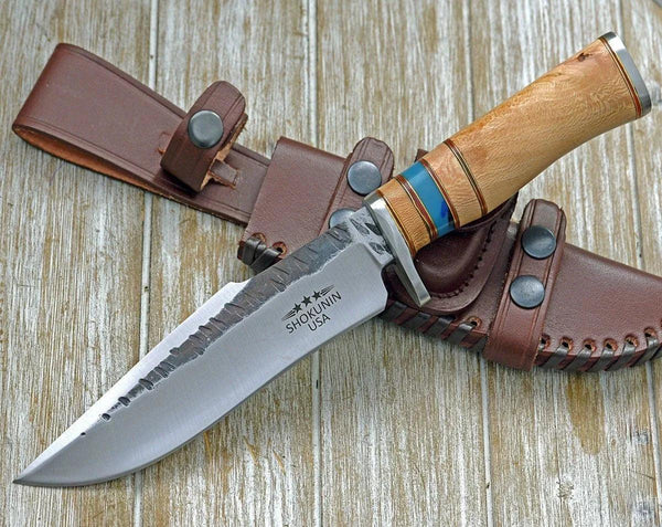 Reign Damascus Bowie Knife with Exotic Leopard Wood Handle - Gifts for You 'n Me