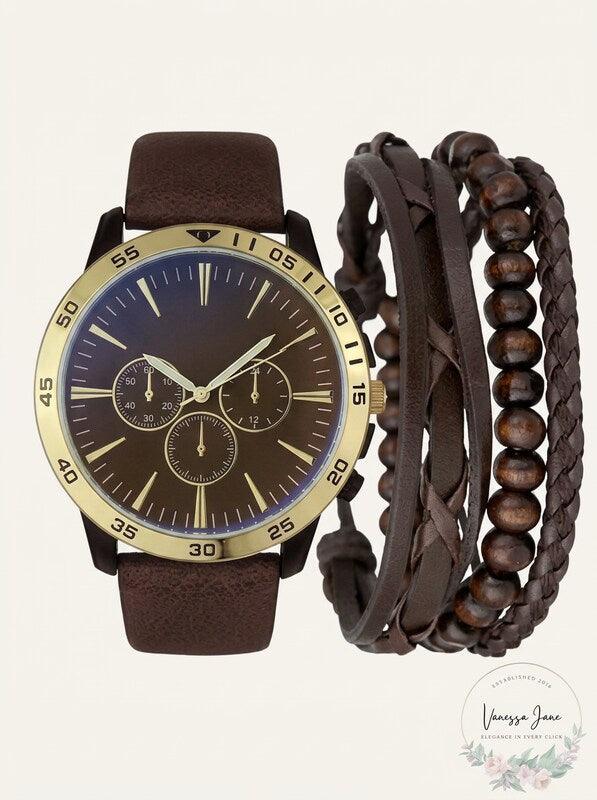 INC Brown Faux-Leather Strap Watch 48mm & 3-Pc. Bracelet Set