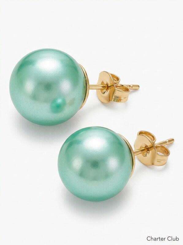 Charter Club Gold Tone- Imitation Pearl Stud Earrings Aqua