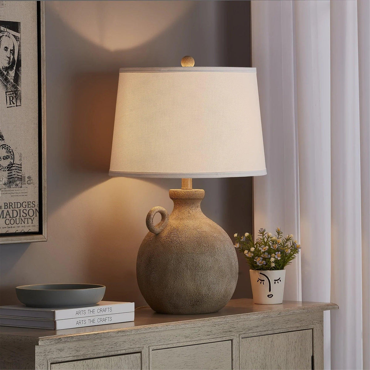 Resin Farmhouse Table Lamp with 3-Way Dimming and USB Port, White Shade, 24