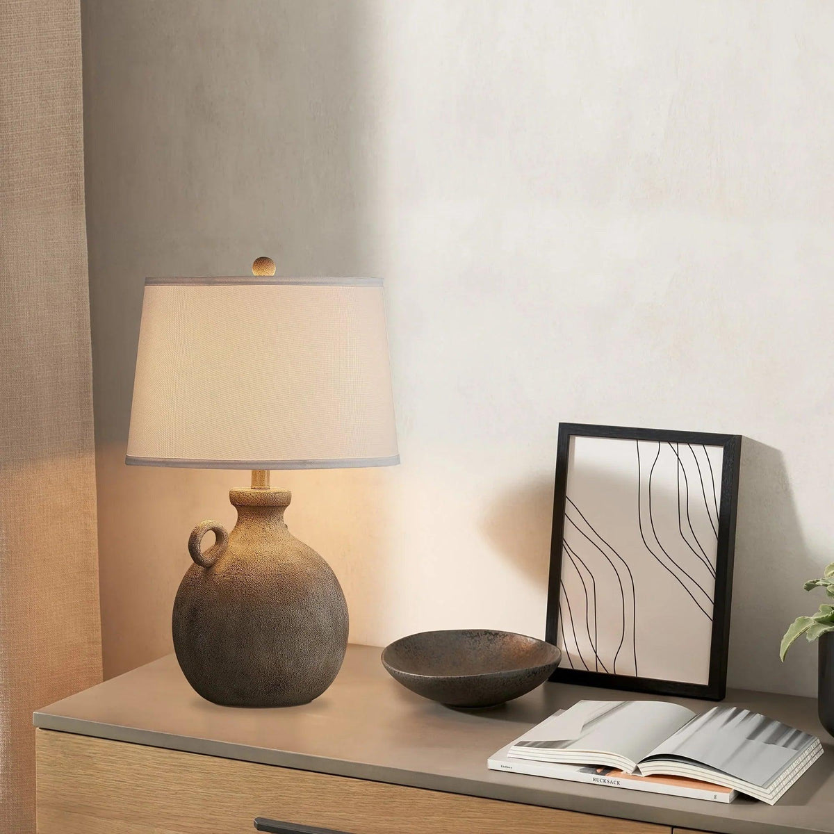 Resin Farmhouse Table Lamp with 3-Way Dimming and USB Port, White Shade, 24