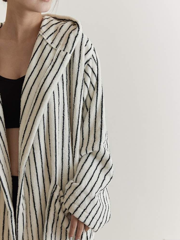Retro 100% ORGANIC Long-stapled Cotton Hooded Stripe Bath Robe