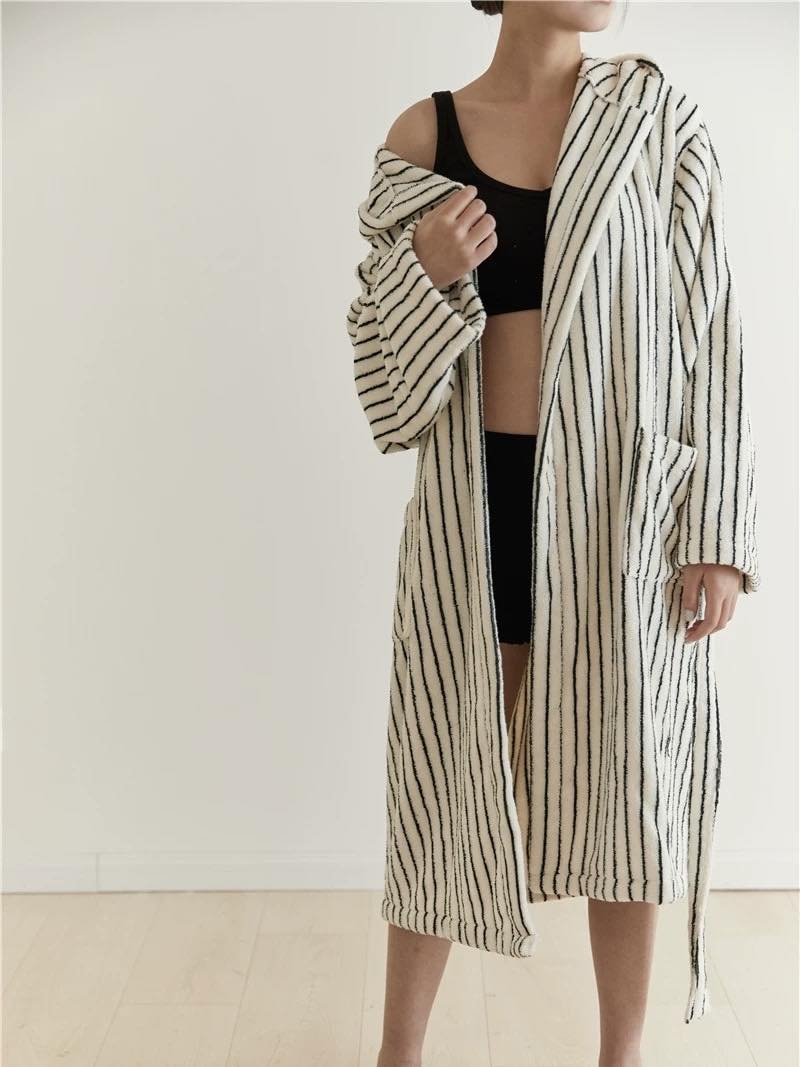 Retro 100% ORGANIC Long-stapled Cotton Hooded Stripe Bath Robe
