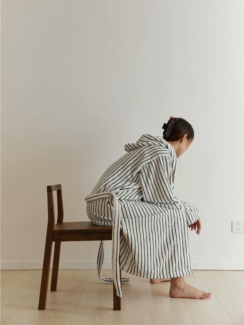 Retro 100% ORGANIC Long-stapled Cotton Hooded Stripe Bath Robe