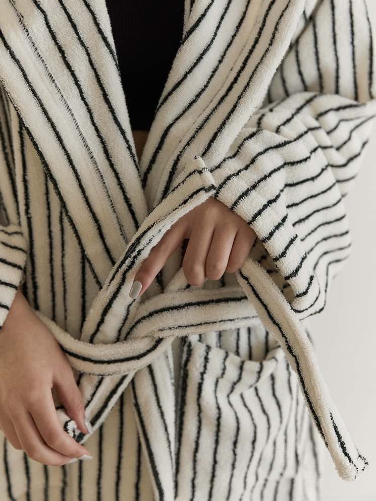 Retro 100% ORGANIC Long-stapled Cotton Hooded Stripe Bath Robe