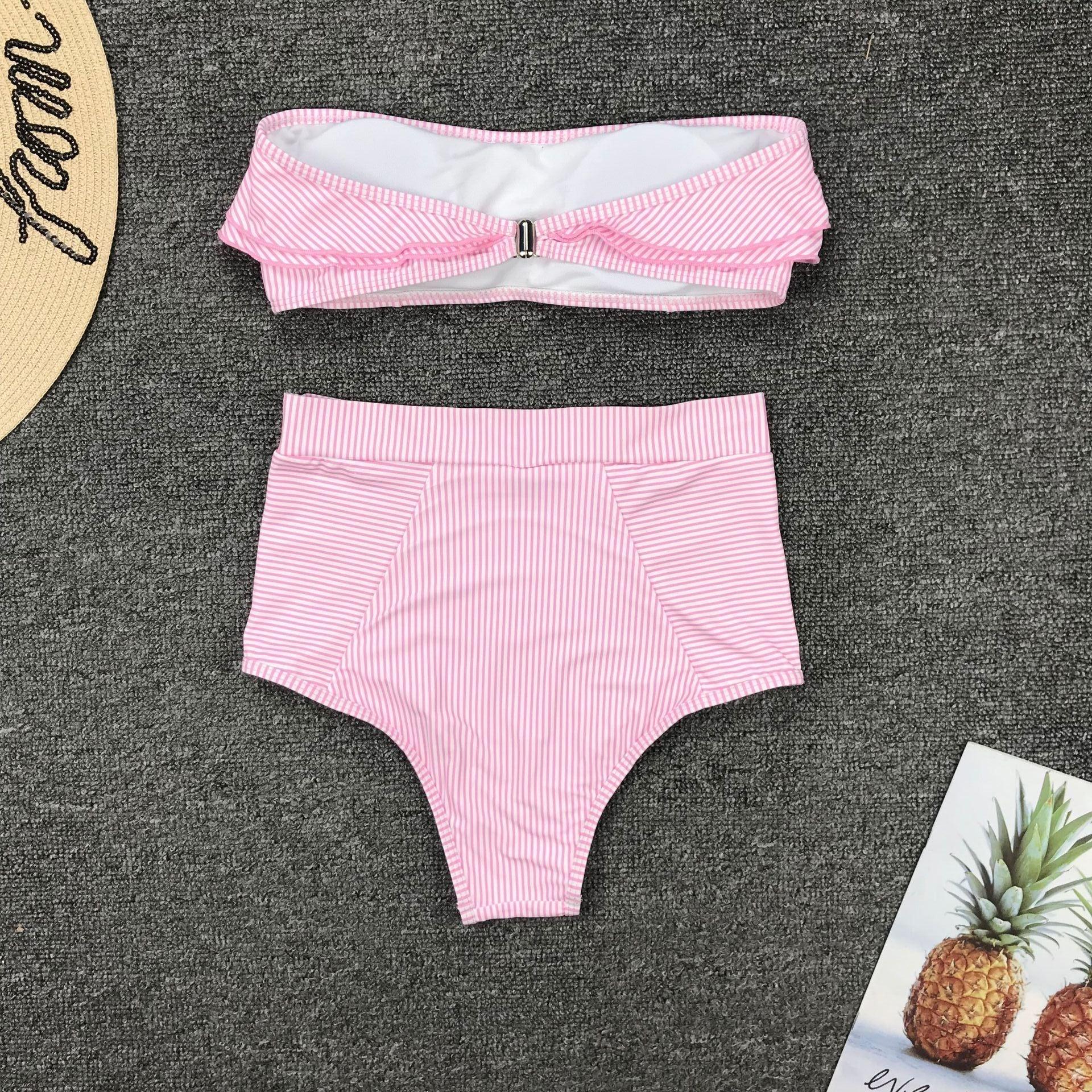 Retro Blue White Striped High Waist Bikini Lady Swimwear Women Swimsuit Female Ruffle Swim Bathing Suit  Piece Vintage High Waist Bikini Set Ruffled Swimsuits For Women Bathing Suits