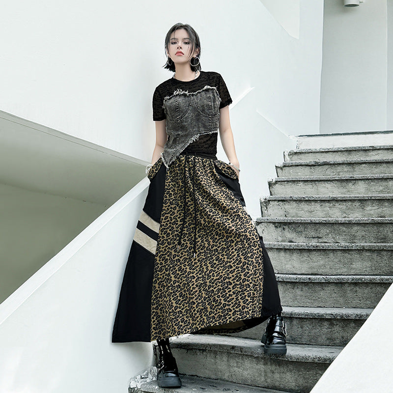 Retro camouflage leopard print denim high waisted skirt