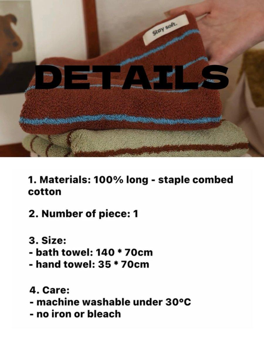 Retro Earthy-tone Pinstripe Bath Towel — 100% Long-Staple Cotton, Soft, Plush & Absorbent