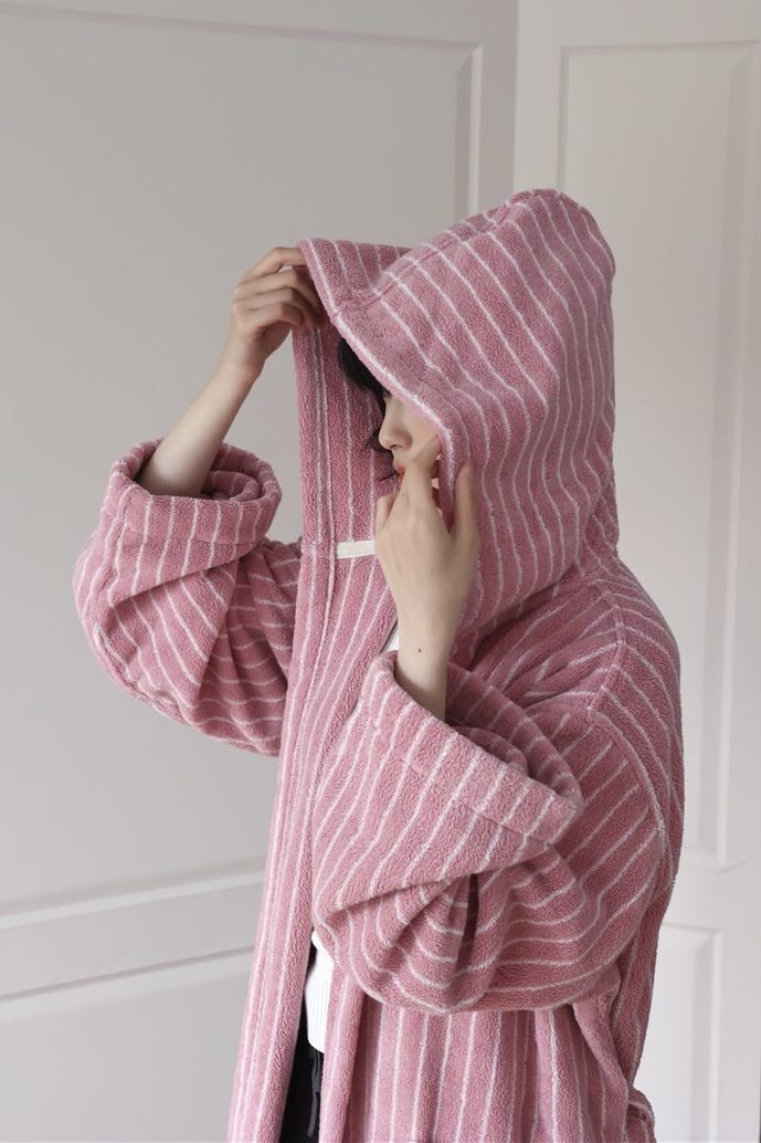 Retro Hooded Stripe Bathrobe, 100% ORGANIC Long-stapled Cotton