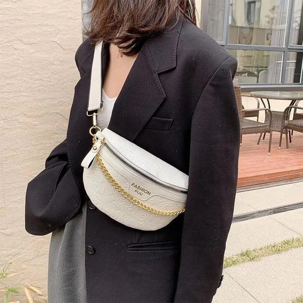 Retro Waist Bag PU Leather Fanny Pack Purse Leather with Gold Chain Strap Stylish Waist Pack Women Belt Bag Multifunctional Chest Bag