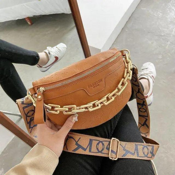 Retro Waist Bag PU Leather Fanny Pack Purse Leather with Gold Chain Strap Stylish Waist Pack Women Belt Bag Multifunctional Chest Bag