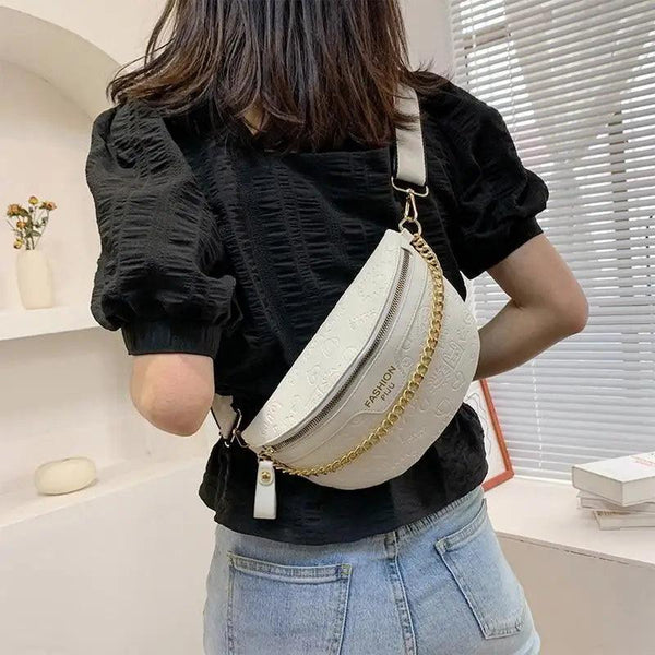 Retro Waist Bag PU Leather Fanny Pack Purse Leather with Gold Chain Strap Stylish Waist Pack Women Belt Bag Multifunctional Chest Bag