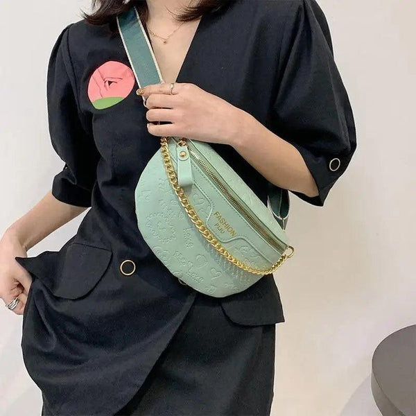 Retro Waist Bag PU Leather Fanny Pack Purse Leather with Gold Chain Strap Stylish Waist Pack Women Belt Bag Multifunctional Chest Bag